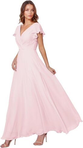 Tvuyet Women's Elegant V Neck Bridesmaid Dresses for Wedding Long Chiffon Formal Dresses Ruffle Evening Party Dress in Saudi Arabia