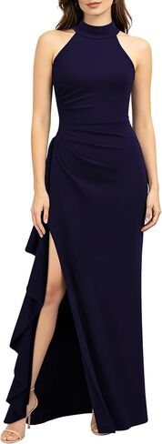 WOOSEA Women's High Neck Sexy Ruffle Split Style Evening Formal Party Maxi Dress in Kuwait
