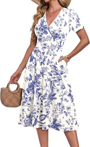 AUSELILY Summer Dresses for Women 2026 Floral Short Sleeve V Neck Wrap Midi Dress with Pockets in Kuwait