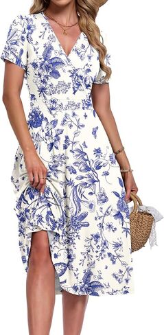 AUSELILY Summer Dresses for Women 2026 Floral Short Sleeve V Neck Wrap Midi Dress with Pockets in Kuwait