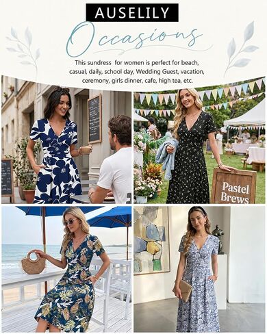 AUSELILY Summer Dresses for Women 2026 Floral Short Sleeve V Neck Wrap Midi Dress with Pockets in Kuwait