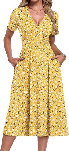 AUSELILY Summer Dresses for Women 2026 Floral Short Sleeve V Neck Wrap Midi Dress with Pockets in Kuwait