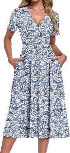 AUSELILY Summer Dresses for Women 2026 Floral Short Sleeve V Neck Wrap Midi Dress with Pockets in Kuwait