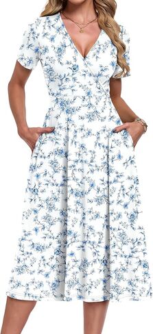 AUSELILY Summer Dresses for Women 2026 Floral Short Sleeve V Neck Wrap Midi Dress with Pockets in Kuwait