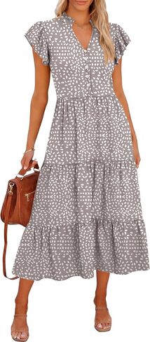 Caracilia Women Summer Casual V Neck Button Down Ruffle Sleeve Midi Dresses 2026 Fashion Flowy Tiered Beach Vacation Sundress in Saudi Arabia