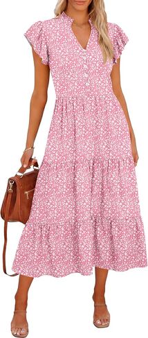 Caracilia Women Summer Casual V Neck Button Down Ruffle Sleeve Midi Dresses 2026 Fashion Flowy Tiered Beach Vacation Sundress in Saudi Arabia