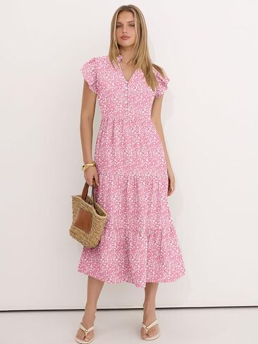 Caracilia Women Summer Casual V Neck Button Down Ruffle Sleeve Midi Dresses 2026 Fashion Flowy Tiered Beach Vacation Sundress in Saudi Arabia