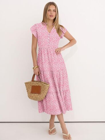 Caracilia Women Summer Casual V Neck Button Down Ruffle Sleeve Midi Dresses 2026 Fashion Flowy Tiered Beach Vacation Sundress in Saudi Arabia