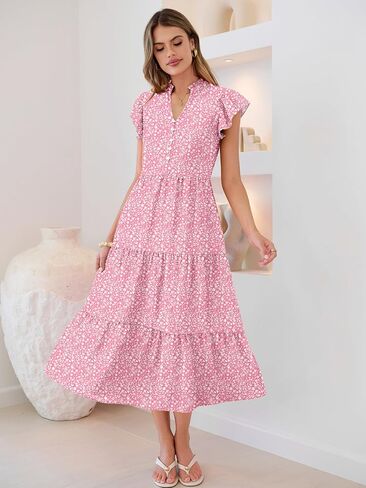 Caracilia Women Summer Casual V Neck Button Down Ruffle Sleeve Midi Dresses 2026 Fashion Flowy Tiered Beach Vacation Sundress in Saudi Arabia
