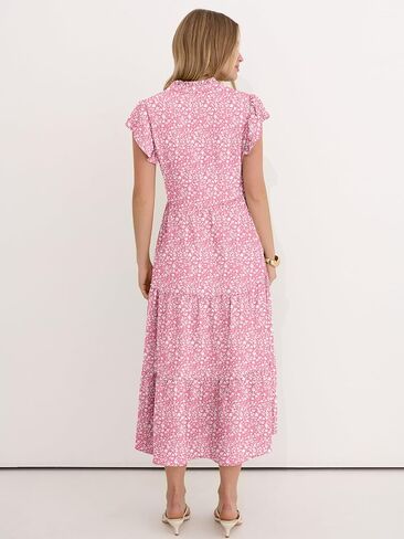 Caracilia Women Summer Casual V Neck Button Down Ruffle Sleeve Midi Dresses 2026 Fashion Flowy Tiered Beach Vacation Sundress in Saudi Arabia