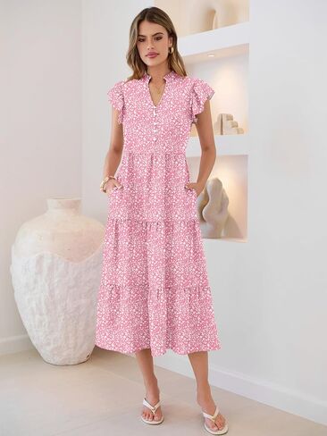 Caracilia Women Summer Casual V Neck Button Down Ruffle Sleeve Midi Dresses 2026 Fashion Flowy Tiered Beach Vacation Sundress in Saudi Arabia