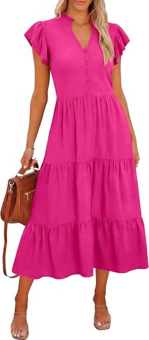 Caracilia Women Summer Casual V Neck Button Down Ruffle Sleeve Midi Dresses 2026 Fashion Flowy Tiered Beach Vacation Sundress in Saudi Arabia
