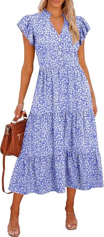 Caracilia Women Summer Casual V Neck Button Down Ruffle Sleeve Midi Dresses 2026 Fashion Flowy Tiered Beach Vacation Sundress in Saudi Arabia