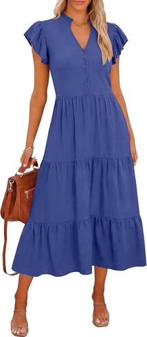 Caracilia Women Summer Casual V Neck Button Down Ruffle Sleeve Midi Dresses 2026 Fashion Flowy Tiered Beach Vacation Sundress in Saudi Arabia