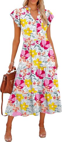 Caracilia Women Summer Casual V Neck Button Down Ruffle Sleeve Midi Dresses 2026 Fashion Flowy Tiered Beach Vacation Sundress in Saudi Arabia