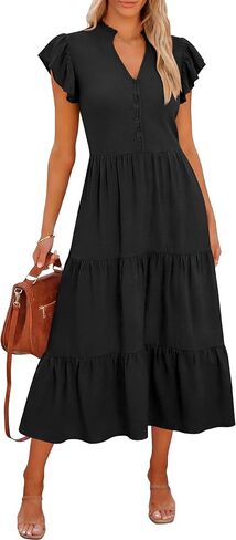 Caracilia Women Summer Casual V Neck Button Down Ruffle Sleeve Midi Dresses 2026 Fashion Flowy Tiered Beach Vacation Sundress in Saudi Arabia