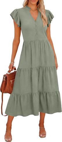 Caracilia Women Summer Casual V Neck Button Down Ruffle Sleeve Midi Dresses 2026 Fashion Flowy Tiered Beach Vacation Sundress in Saudi Arabia