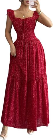 OYOANGLE Women's Polka Dots Ruffle Cap Sleeve Swing A Line Maxi Dress Bow Back Boho Sundress in Kuwait