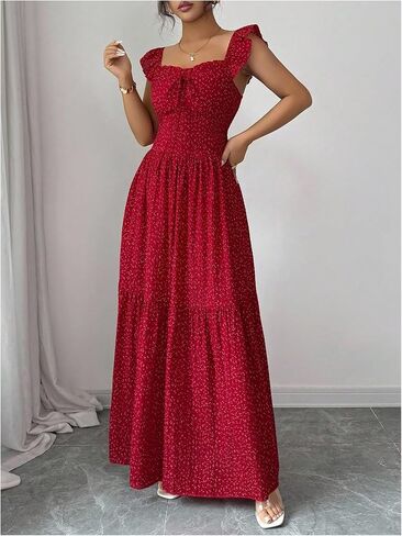 OYOANGLE Women's Polka Dots Ruffle Cap Sleeve Swing A Line Maxi Dress Bow Back Boho Sundress in Kuwait