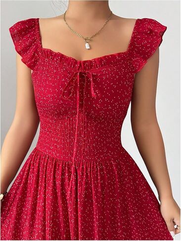 OYOANGLE Women's Polka Dots Ruffle Cap Sleeve Swing A Line Maxi Dress Bow Back Boho Sundress in Kuwait