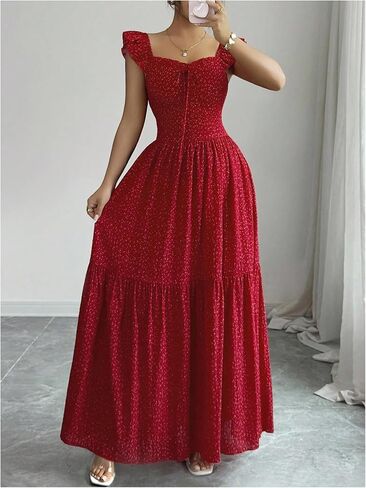 OYOANGLE Women's Polka Dots Ruffle Cap Sleeve Swing A Line Maxi Dress Bow Back Boho Sundress in Kuwait