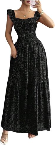OYOANGLE Women's Polka Dots Ruffle Cap Sleeve Swing A Line Maxi Dress Bow Back Boho Sundress in Saudi Arabia