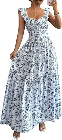OYOANGLE Women's Polka Dots Ruffle Cap Sleeve Swing A Line Maxi Dress Bow Back Boho Sundress in Kuwait