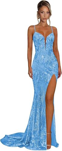 Mermaid Sequin Prom Dresses for Women with Slit V Neck Sparkly Open Back Long Formal Cocktail Dress in Saudi Arabia