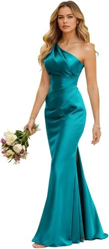 Women's One Shoulder Bridesmaid Dresses with Slit Corset Mermaid Satin Pleated Formal Party Dress WML45 in Saudi Arabia