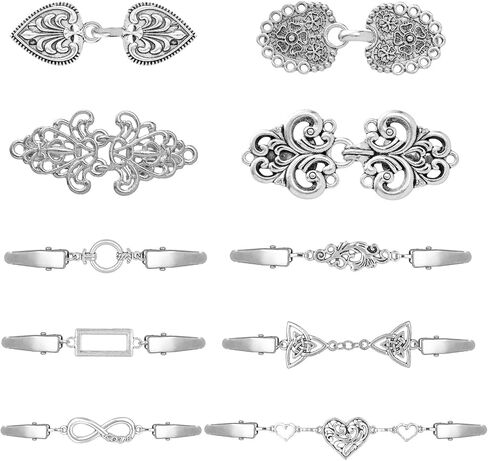 Akeoqi 10Pcs Vintage Sweater Shawl Clips Retro Cardigan Swirl Cape Cloak Collar Clasps Hearts Flowers Geometric Patterns Brooches Dress Jackets Shirt Waist Cincher for Women Men Silver Plated in Saudi Arabia