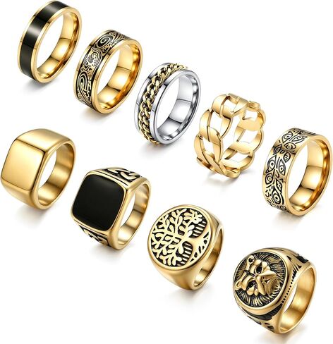 SONNYX 9 قطع من الفولاذ المقاوم للصدأ خمر خواتم Signet للرجال مربع Signet Rings الخنصر محفورة حلقة الإبهام الرجعية الفرقة الدوار الدائري الفضة مطلية بالذهب الرجال البنصر خواتم السائق مجموعة، حجم 7-13 in Kuwait