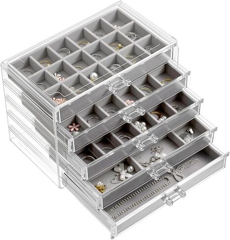 5 Drawer Acrylic Jewelry Organizer with Velvet Trays, Clear Earring Holder Grey Elegant Display Box for Women for Rings Studs and More in Saudi Arabia