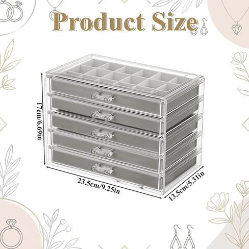 5 Drawer Acrylic Jewelry Organizer with Velvet Trays, Clear Earring Holder Grey Elegant Display Box for Women for Rings Studs and More in Saudi Arabia