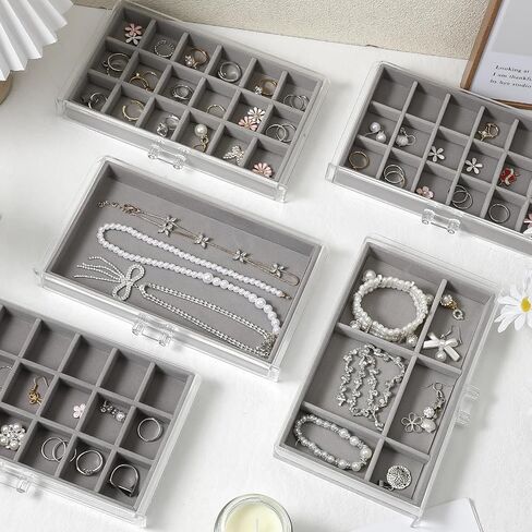 5 Drawer Acrylic Jewelry Organizer with Velvet Trays, Clear Earring Holder Grey Elegant Display Box for Women for Rings Studs and More in Saudi Arabia