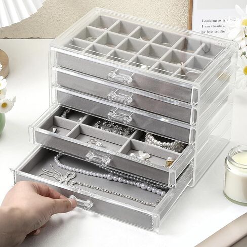 5 Drawer Acrylic Jewelry Organizer with Velvet Trays, Clear Earring Holder Grey Elegant Display Box for Women for Rings Studs and More in Saudi Arabia