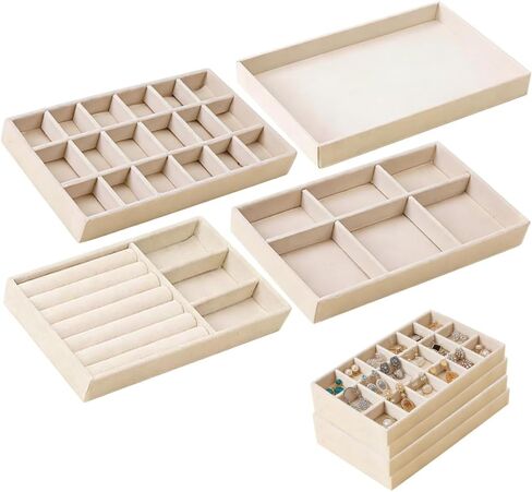 Velvet Jewelry Box Organizer Set of 4 Trays – Soft Fabric Drawer Compartments for Bracelets, Earrings, Rings | Beige, Includes 6-Slot, Open, 18-Slot & 3-Section Trays in Saudi Arabia