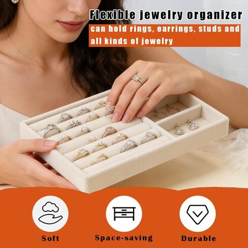 Velvet Jewelry Box Organizer Set of 4 Trays – Soft Fabric Drawer Compartments for Bracelets, Earrings, Rings | Beige, Includes 6-Slot, Open, 18-Slot & 3-Section Trays in Saudi Arabia