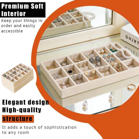 Velvet Jewelry Box Organizer Set of 4 Trays – Soft Fabric Drawer Compartments for Bracelets, Earrings, Rings | Beige, Includes 6-Slot, Open, 18-Slot & 3-Section Trays in Saudi Arabia