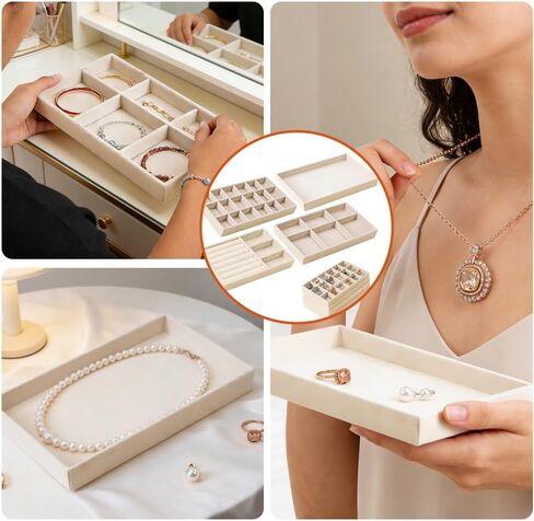 Velvet Jewelry Box Organizer Set of 4 Trays – Soft Fabric Drawer Compartments for Bracelets, Earrings, Rings | Beige, Includes 6-Slot, Open, 18-Slot & 3-Section Trays in Saudi Arabia