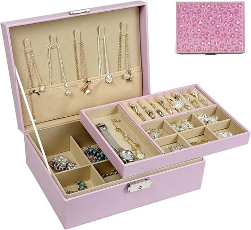 Double Layer Jewelry Box, PU Leather Jewelry Organizer with Lock, Large Capacity for Earrings, Necklaces, Bracelets, Unique Printed Design,Great Gift (Pink Leopard) in Saudi Arabia