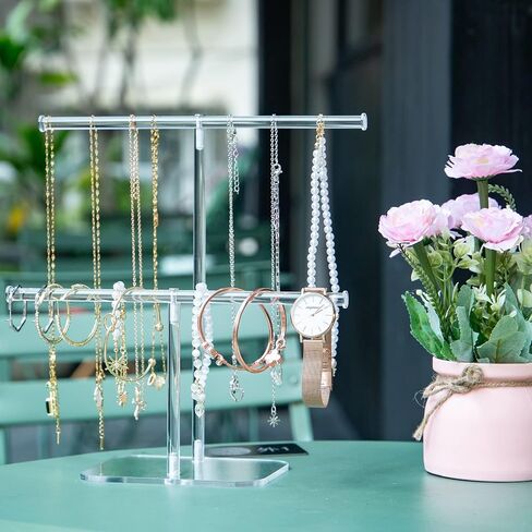 Clear 2-Tier Tower Stand,Jewelry Stand Necklace Holder, Acrylic Jewelry Display Holder, Necklace and Bracelet Hanging Organizer,for Bangles, Necklaces, Bracelets, Rings, Earrings and Watch in Kuwait
