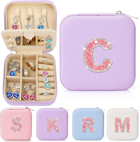 Mothers Day Gifts Initial Jewelry Box Organizer,Personalized Travel Jewelry Box for Girls Women,Glitter Rhinestone Jewelry Case Gifts for Birthday Small Size (Pink, A) in Saudi Arabia