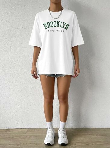 Casual Oversized Brooklyn Graphic Tee, Short Sleeve Crew Neck Loose Fit T-Shirt for Summer Streetwear in Kuwait