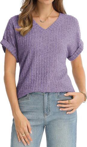 QUALFORT Women's V Neck Tops Short Sleeve Loose Fit Ribbed Knit Casual Shirts Spring Summer Blouses Basic Tee 2026 in Saudi Arabia