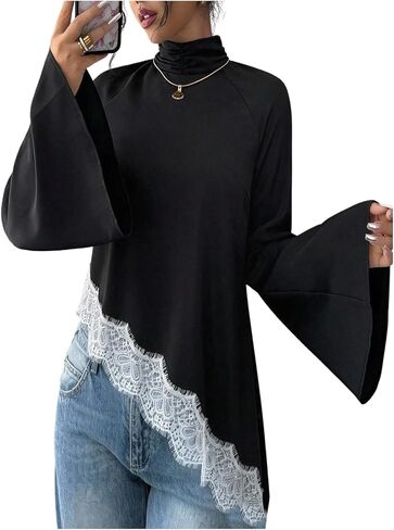 OYOANGLE Women's Lace Trim Asymmetrical Blouse Bell Long Sleeve Flowy Dressy Tunic Tops in Kuwait