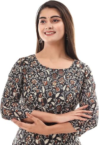VIHAAN IMPEX Women’s Cotton Tunic Top Printed Kurti with 3/4 Sleeves Dressy Casual Loose Fit Blouse for Work Everyday Wear in Saudi Arabia