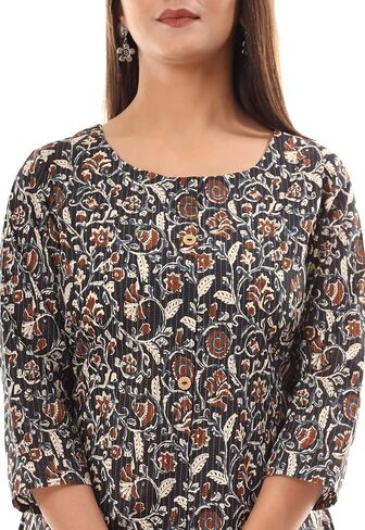 VIHAAN IMPEX Women’s Cotton Tunic Top Printed Kurti with 3/4 Sleeves Dressy Casual Loose Fit Blouse for Work Everyday Wear in Saudi Arabia