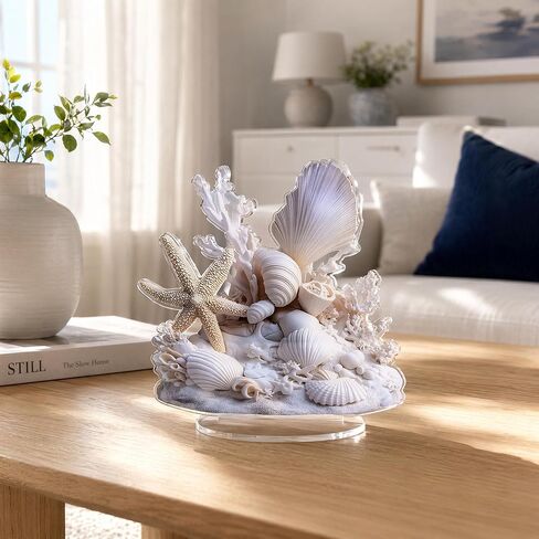Coastal Beach Decor Acrylic Tabletop Ornament - Starfish Seashell Coral Summer Home Decor for Desk Shelf Beach House in Saudi Arabia