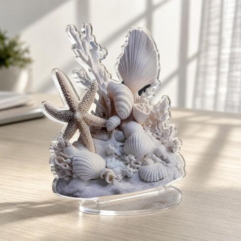 Coastal Beach Decor Acrylic Tabletop Ornament - Starfish Seashell Coral Summer Home Decor for Desk Shelf Beach House in Saudi Arabia