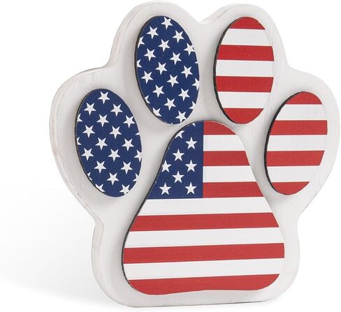 Patriotic Table Decorations, Wooden 4th of July Red White Blue American Flag Dog Paw Sign, Independence Day Stars and Stripes Plaque Indoor Dog Room Tiered Tray Shelf Office Desk Home Decor in Saudi Arabia